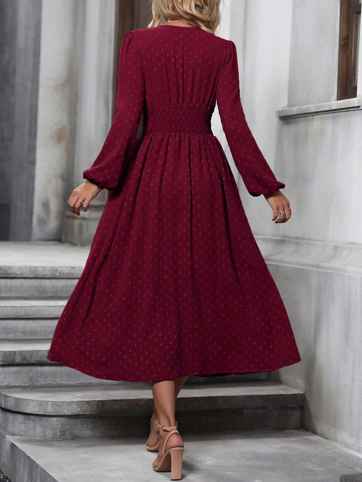 Fedora Swiss Dot Lantern Sleeve Midi Dress