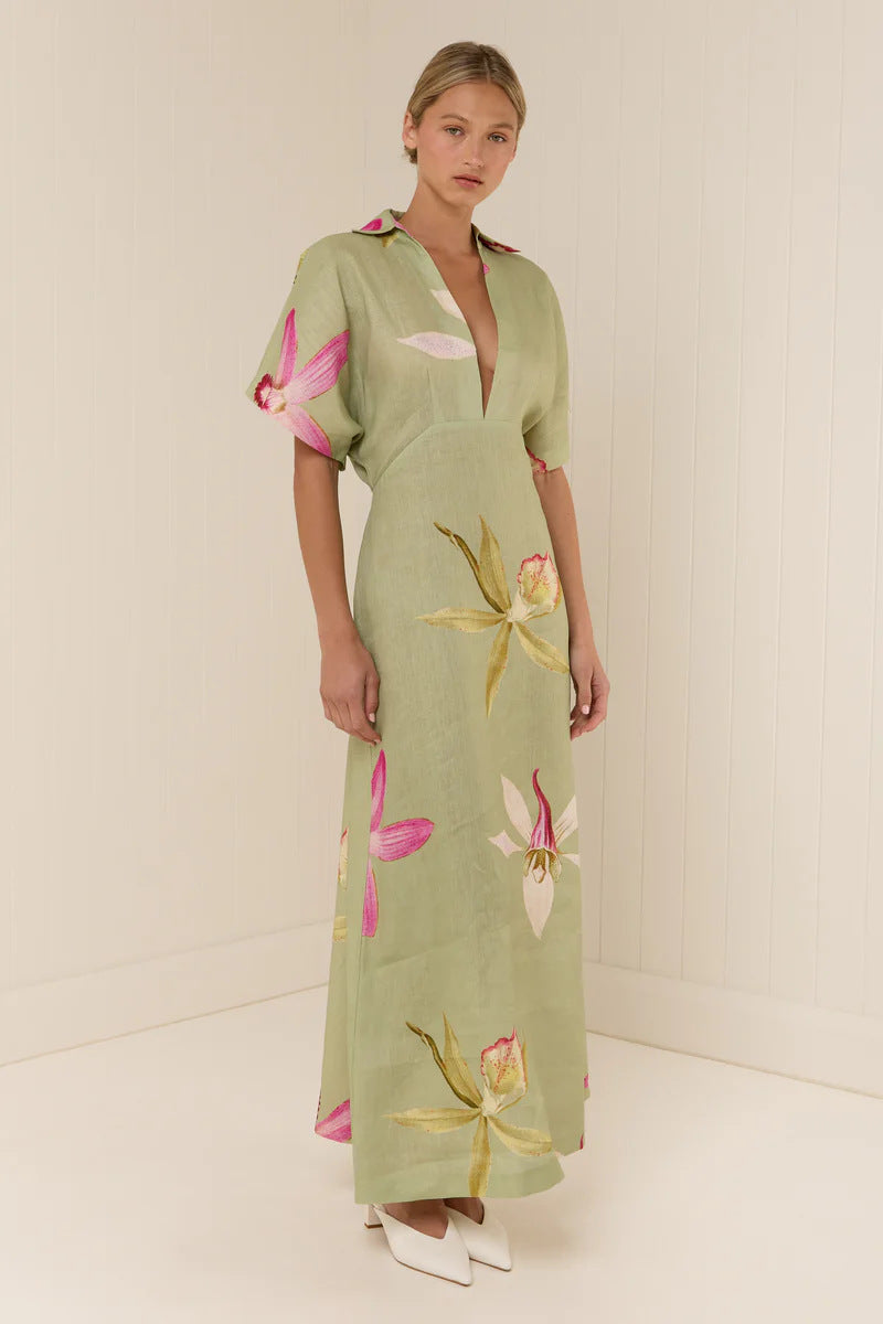 Aurelie Linen Floral Collared Maxi Dress