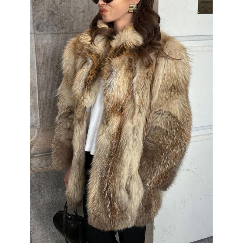 Women's Shaggy Faux Fur Coat with Stand Collar