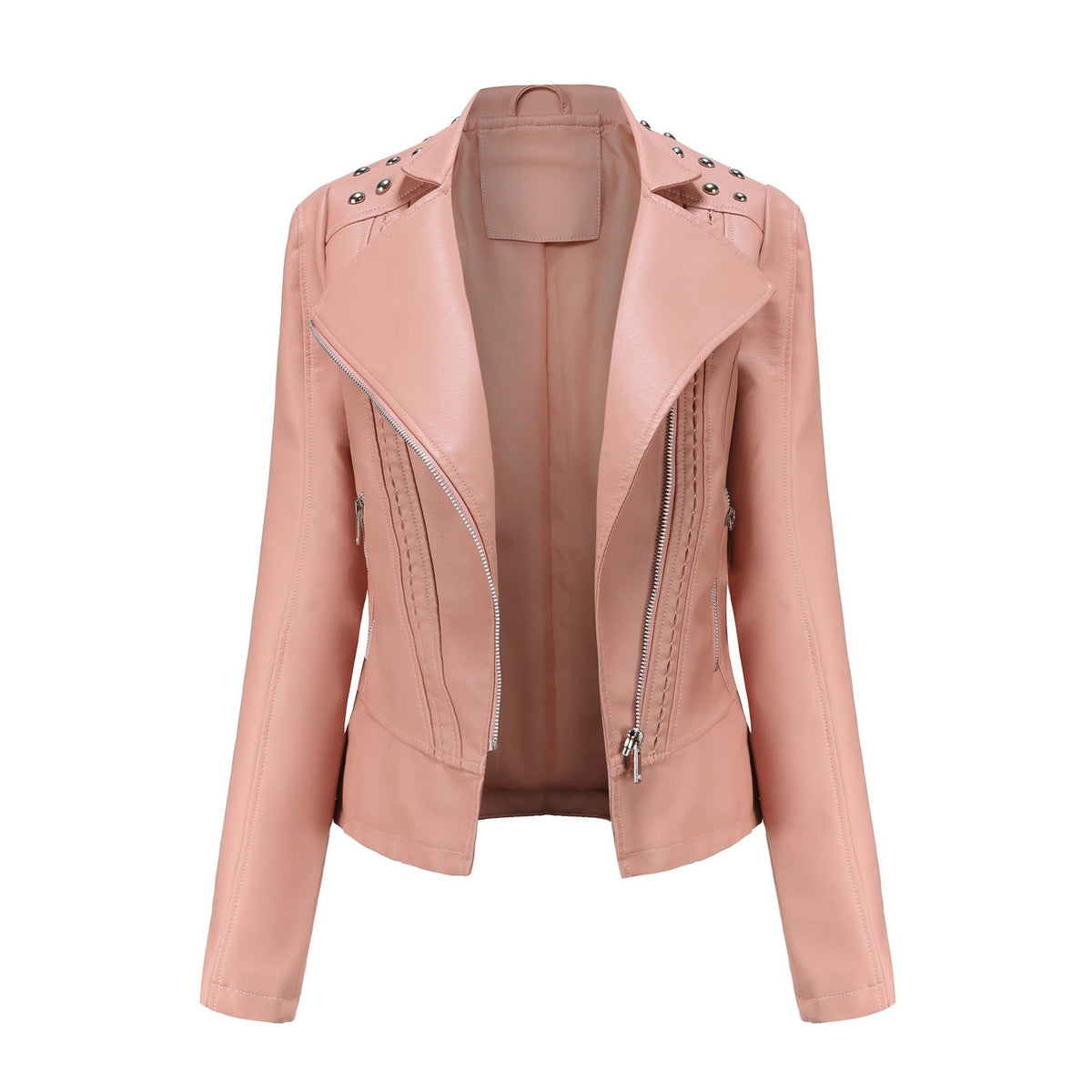 Women's Asymmetric Zip Moto Jacket with Stud Shoulder Detail