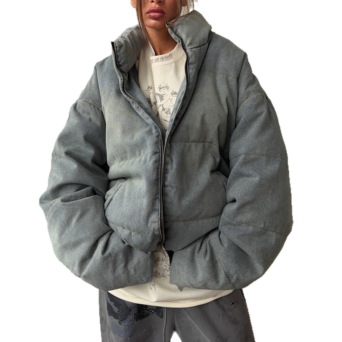 Women's Oversized Puffer Jacket High Collar Zip-Front