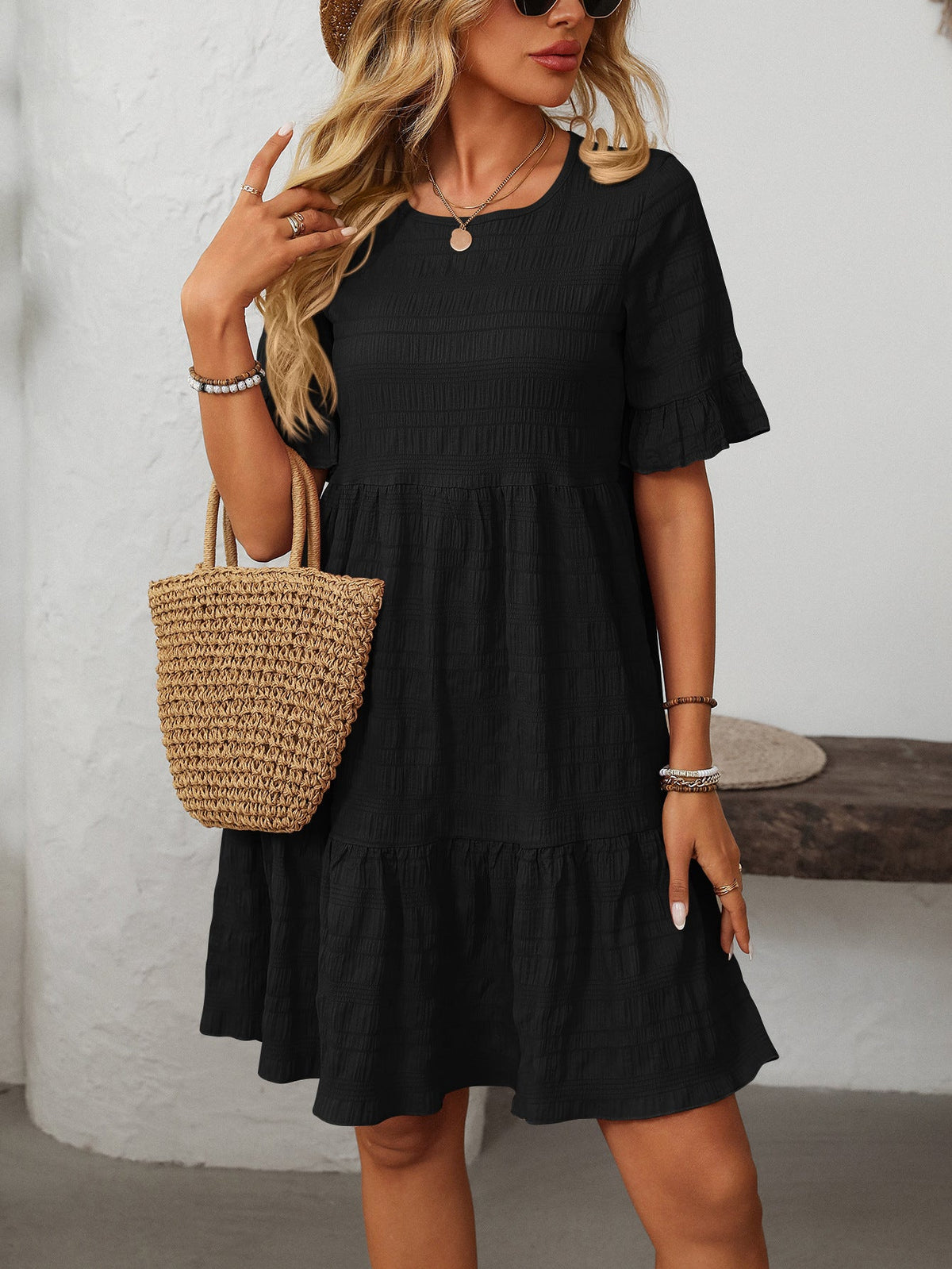Vianne Textured Tiered Short-Sleeve Dress