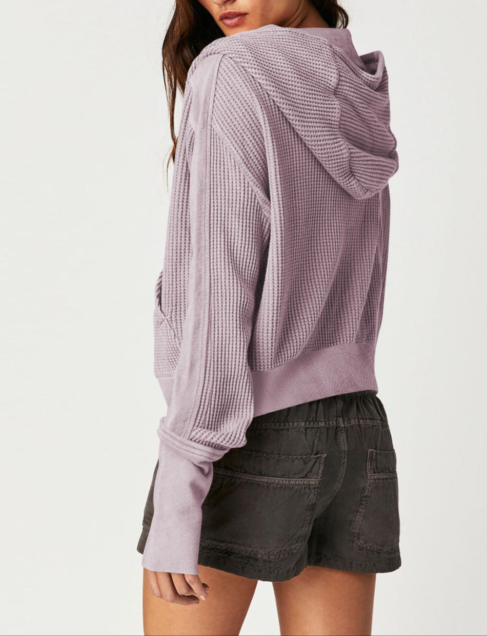 Christina | Womens Cropped Zip Hoodie in Waffle Cotton | Snug Hood, Textured Fabric | Pine, Blue and More S-XL