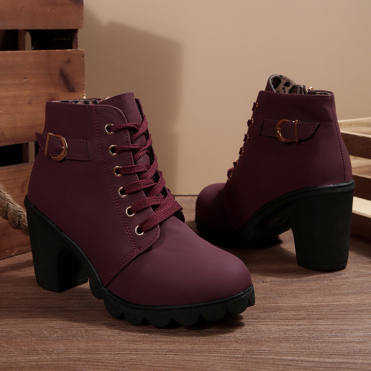 Women's Block Heel Ankle Boots with Gold Tone Eyelets | Buckle Tab, Side Zip, Deep Lug Outsole | Sizes 5.5-10, 6 Colors