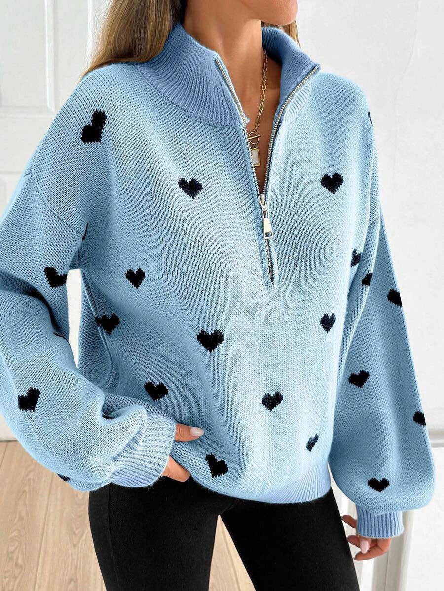 Signy Heart Print Quarter-Zip Sweater