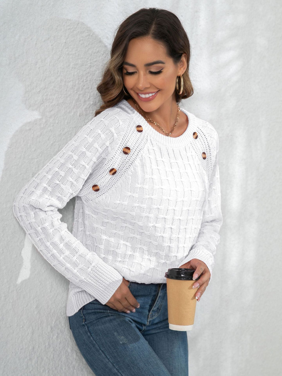 Vedette Button Detail Textured Knit Sweater