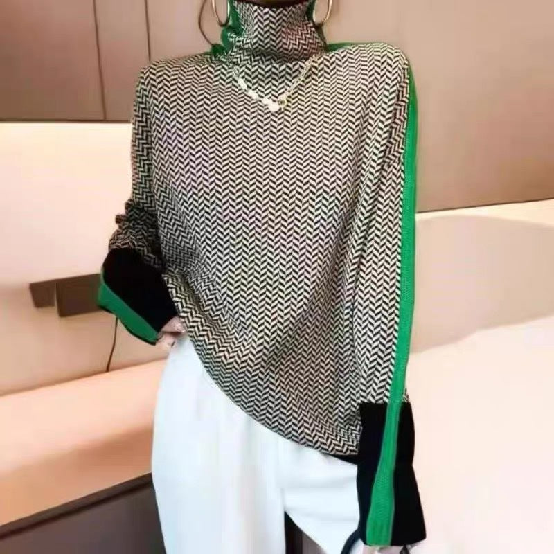 Women's Striped High Neck Pullover Sweater, Long Sleeves