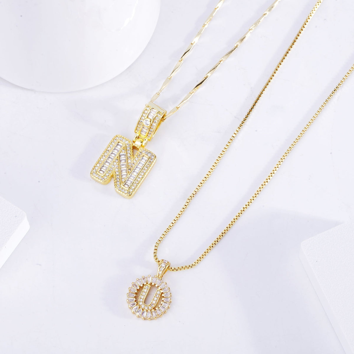 Initial Necklace Set White Gold Pave Letter Pendant