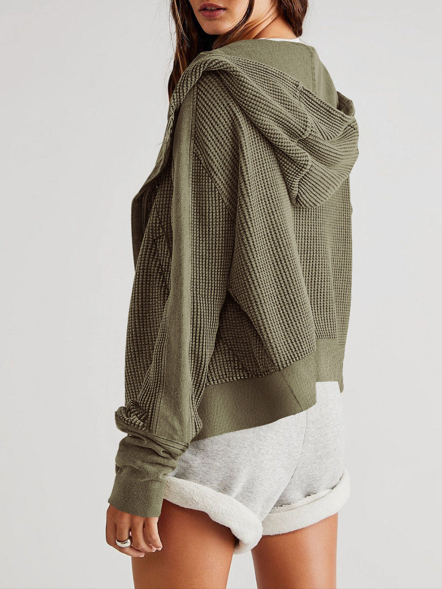Christina | Womens Cropped Zip Hoodie in Waffle Cotton | Snug Hood, Textured Fabric | Pine, Blue and More S-XL