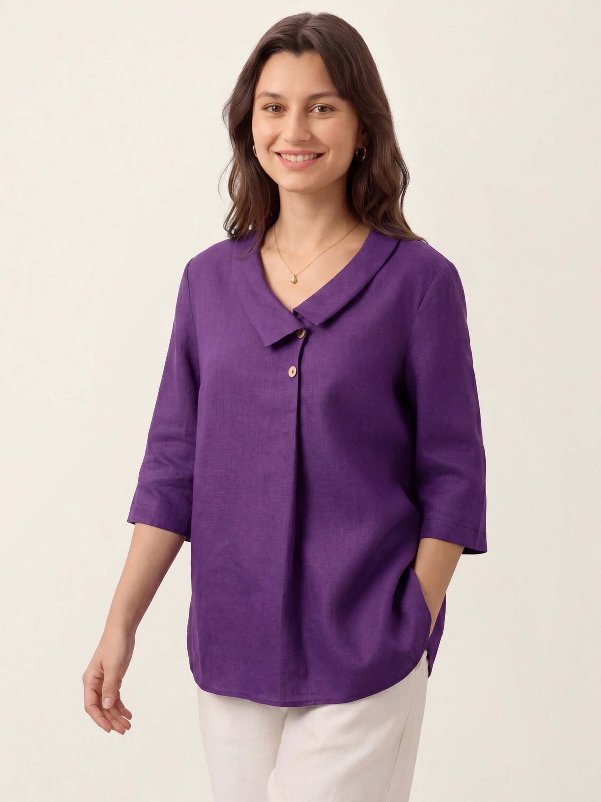 Bettina Draped-Collar Linen Tunic Blouse