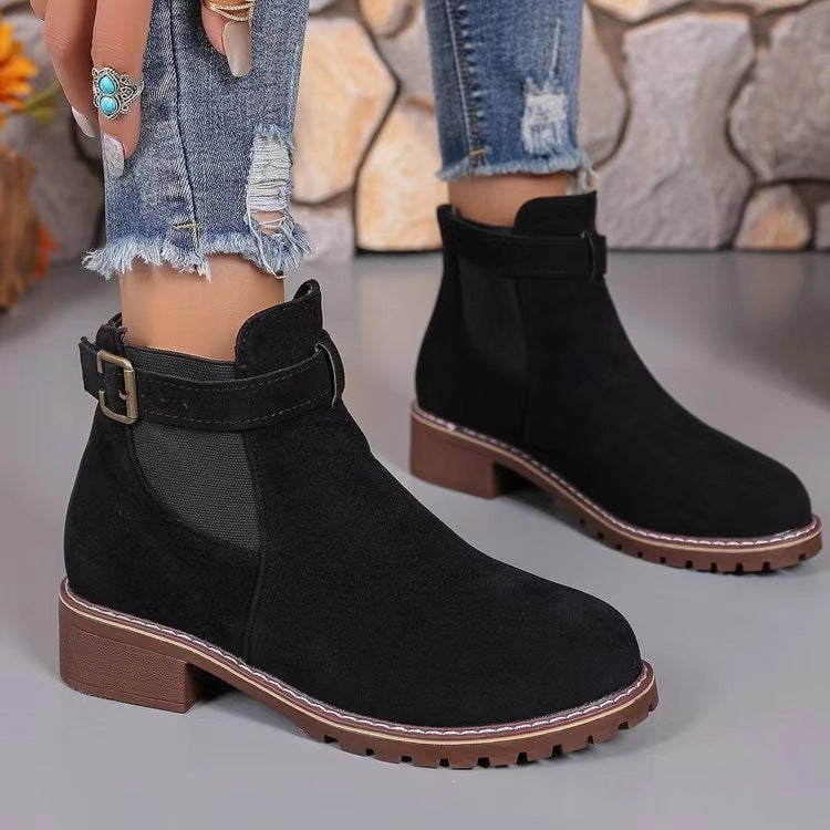 Women's Chelsea Ankle Boots in Suede Look | Buckle Trim, Low Block Heel, Treaded Sole | Sizes 5.5-11, 2 Colors