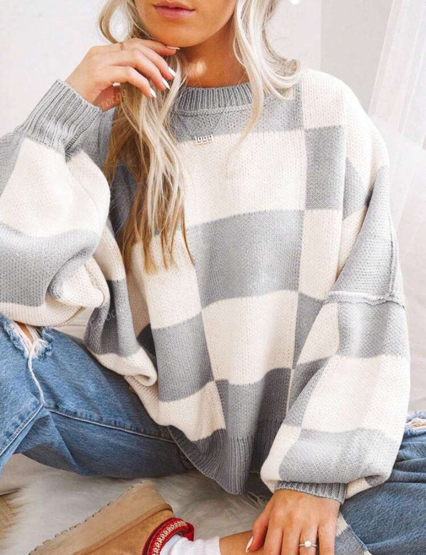 Aemilia Checkerboard Oversized Crew Sweater