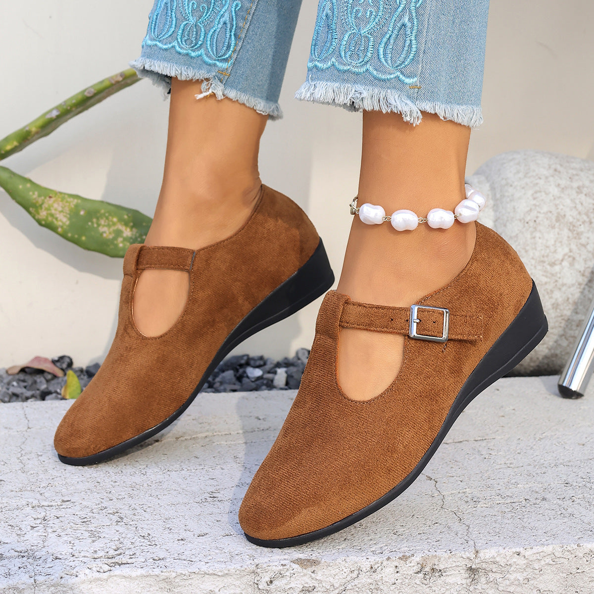 Cosette T-Strap Suede Wedge Mary Janes