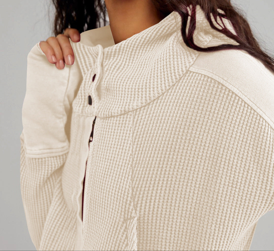 Christina | Womens Cropped Zip Hoodie in Waffle Cotton | Snug Hood, Textured Fabric | Pine, Blue and More S-XL