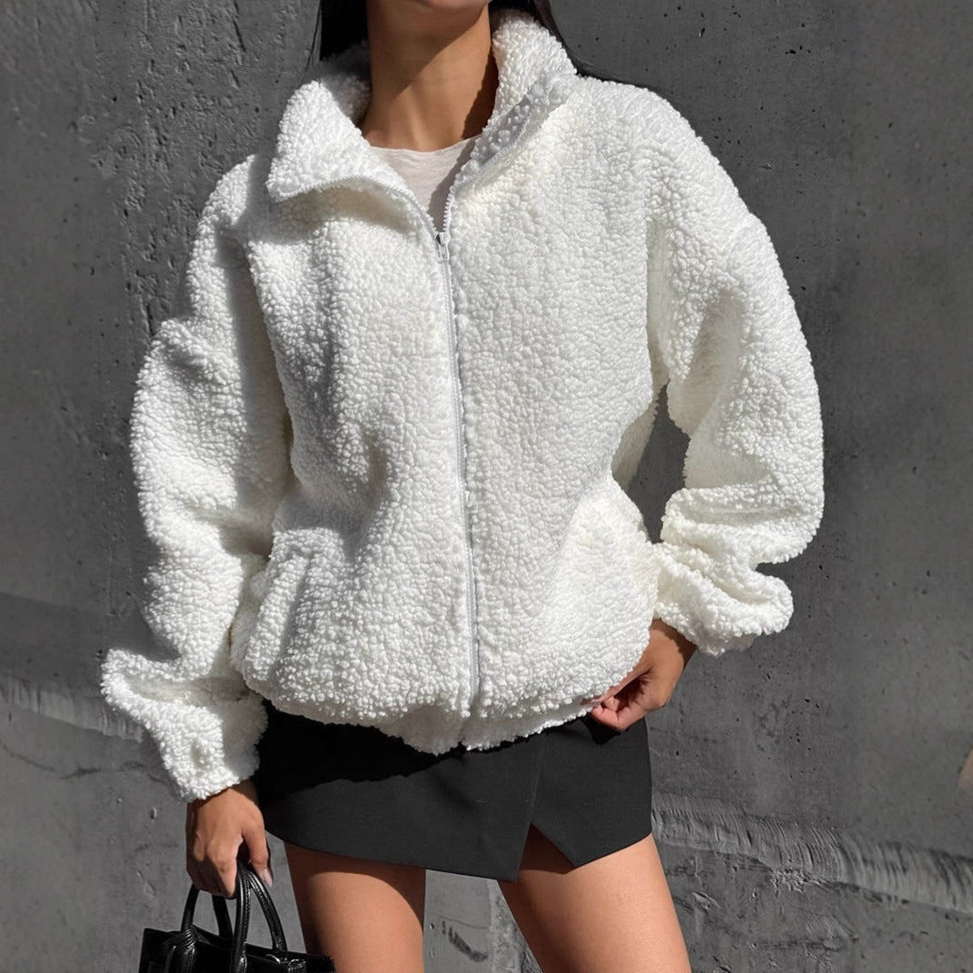 Women's Oversized Teddy Jacket High Collar Zip Front