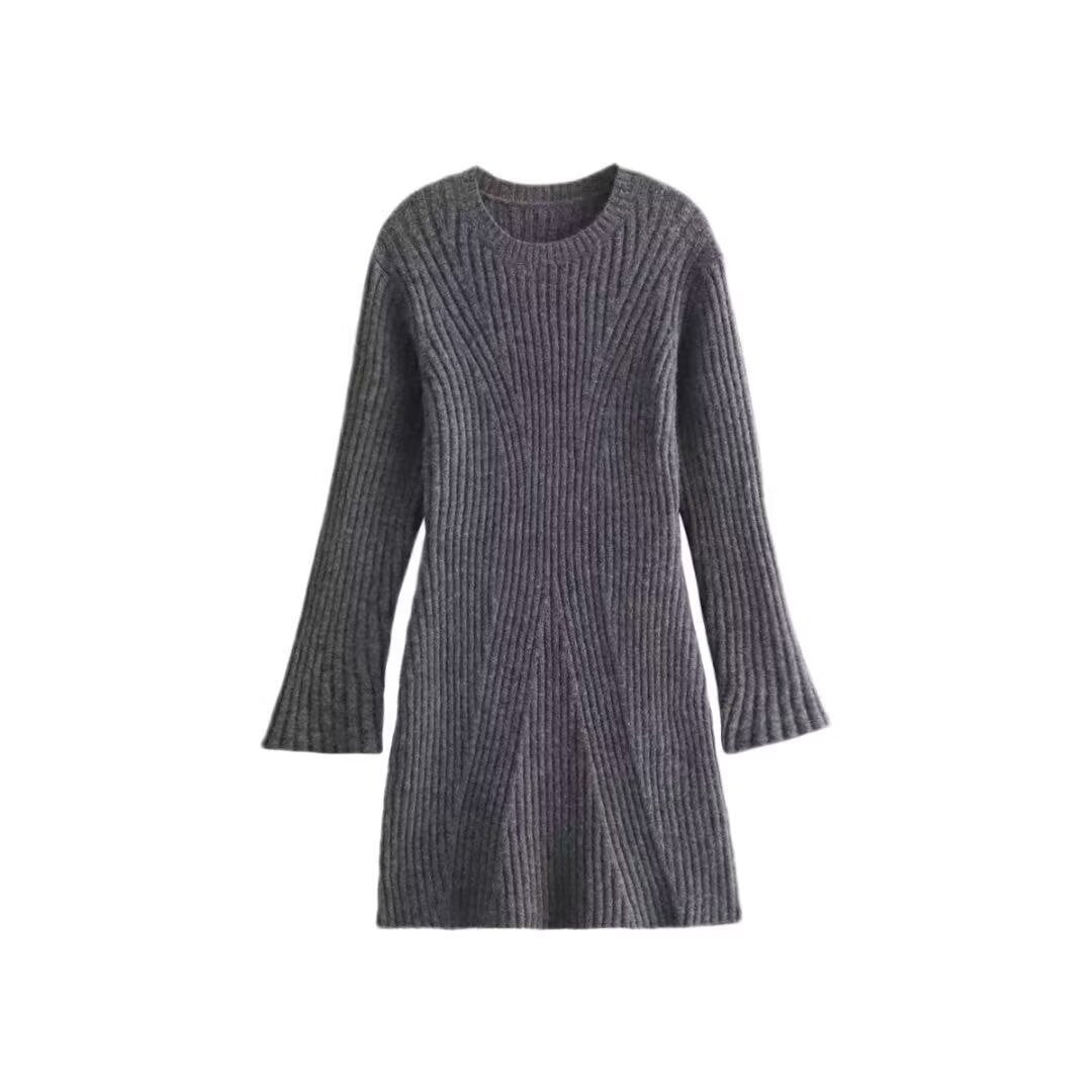 Women's Ribbed Knit Dress with Flared Cuffs | Round Neck, A Line Shape, Long Sleeves | Sizes S-L, 4 Colors