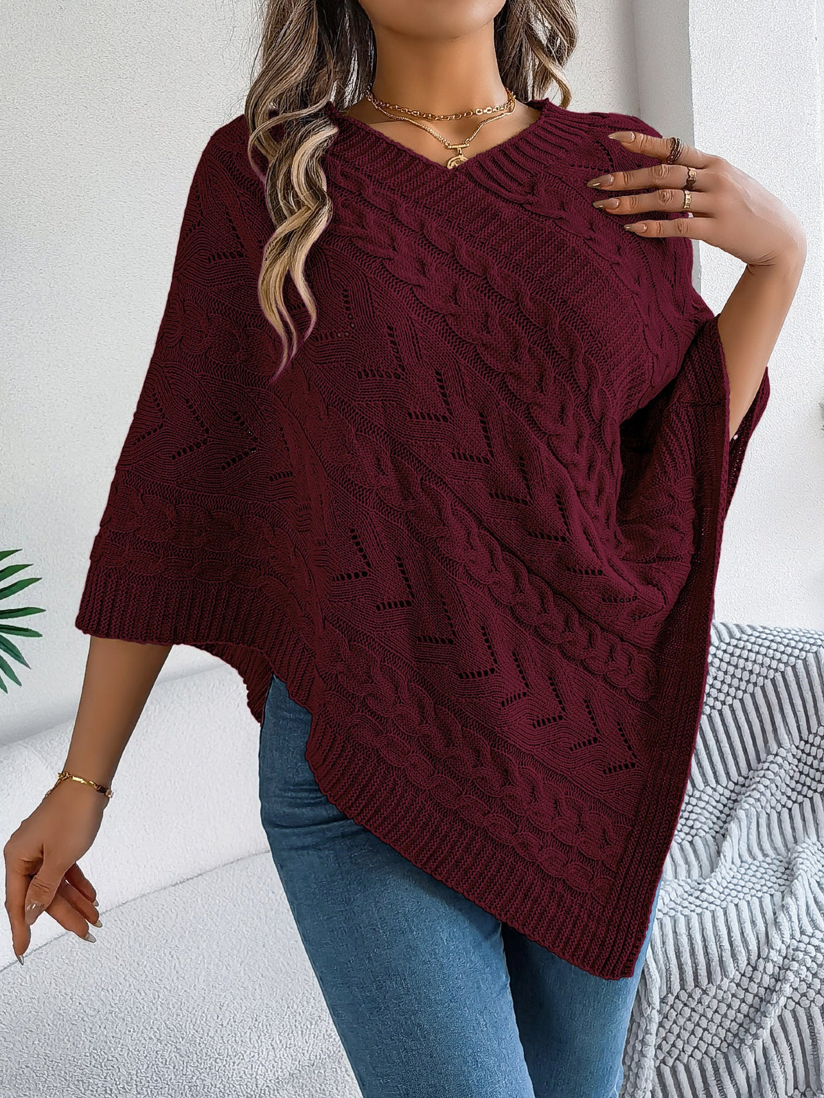 Dalila Cable Knit V-Neck Cape Poncho