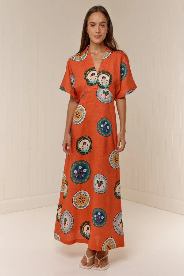 Aurelie Linen Floral Collared Maxi Dress