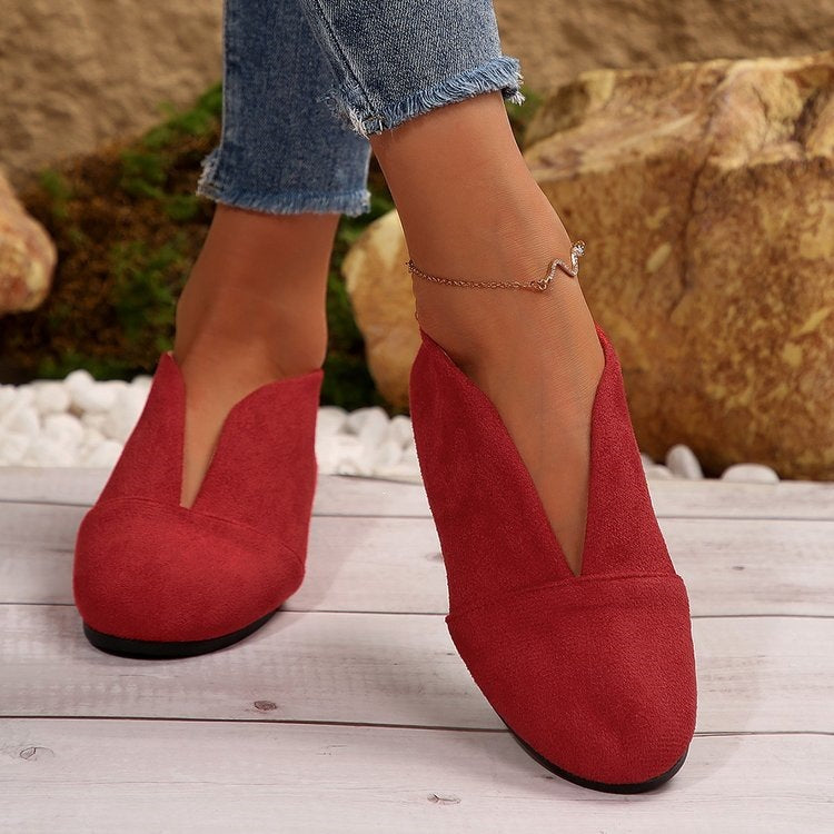 Women's V-Cut Slip-On Flat Shoes with Rounded Toe