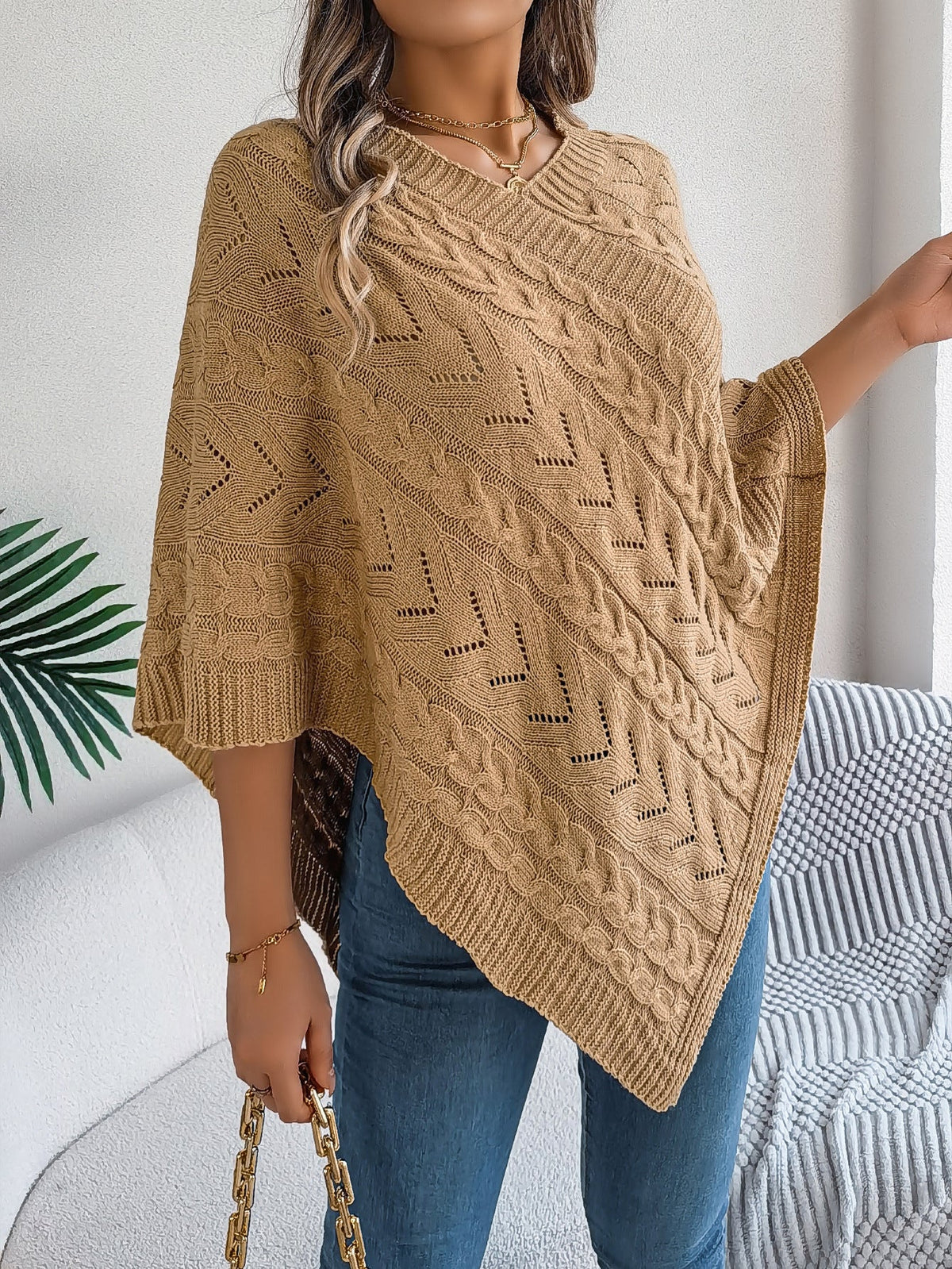 Dalila Cable Knit V-Neck Cape Poncho