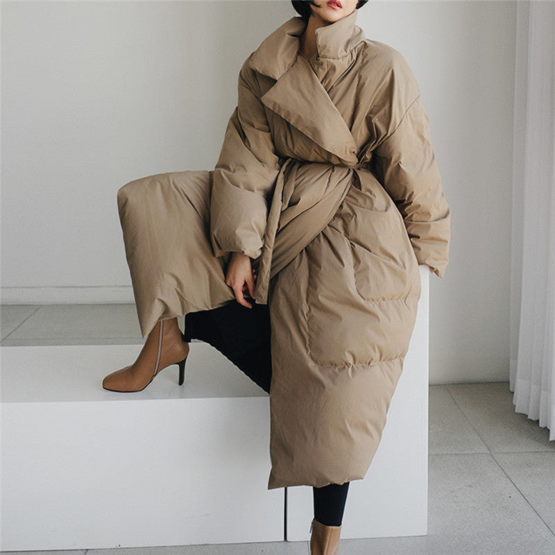 Women's Puffer Jacket with Longline Cut and Oversized Fit | Windproof Shell, Waist Belt, Thermal Lining | For Winter | Size S-XL