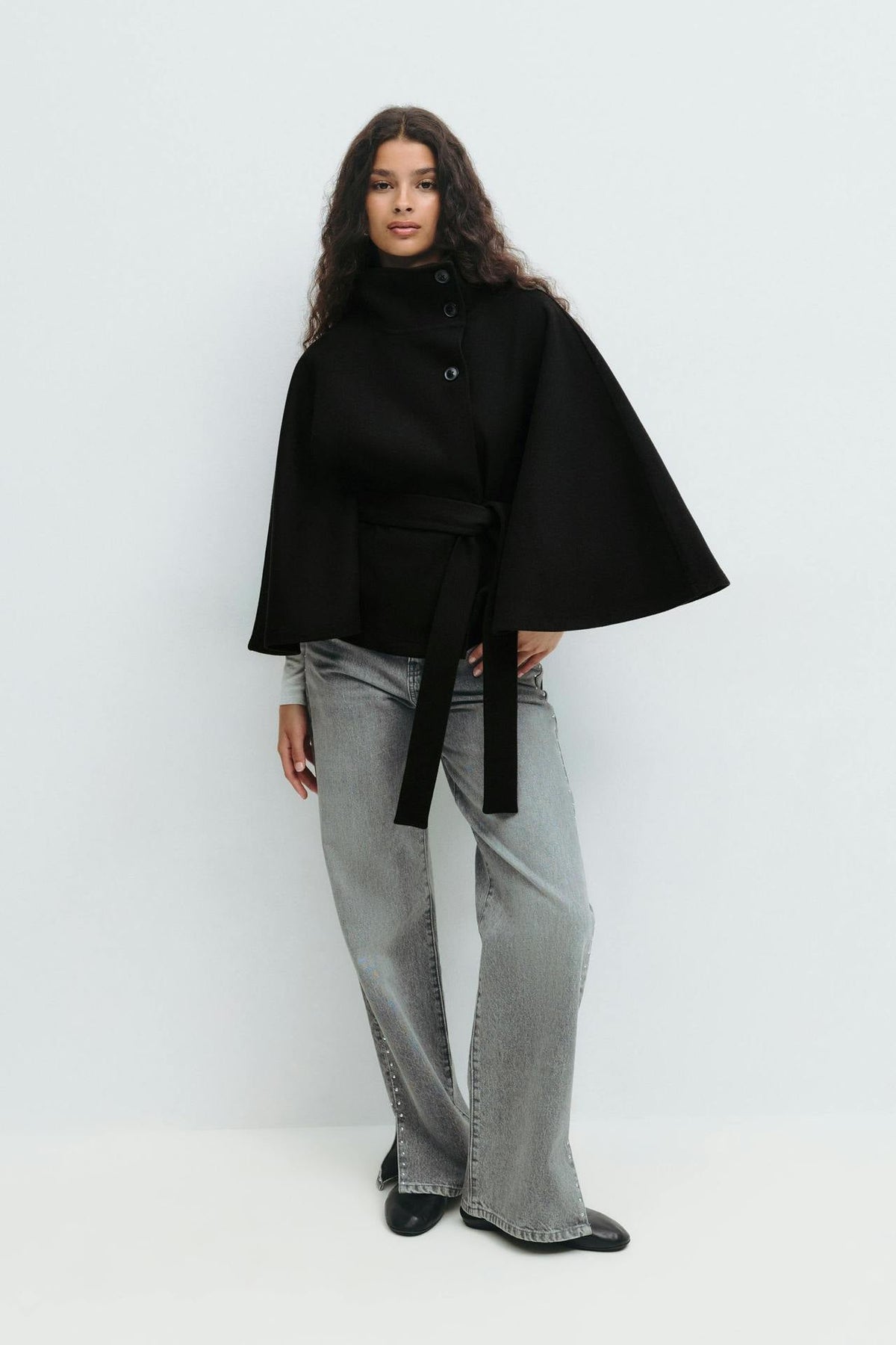 Anneke Button-Front Belted Cape Coat