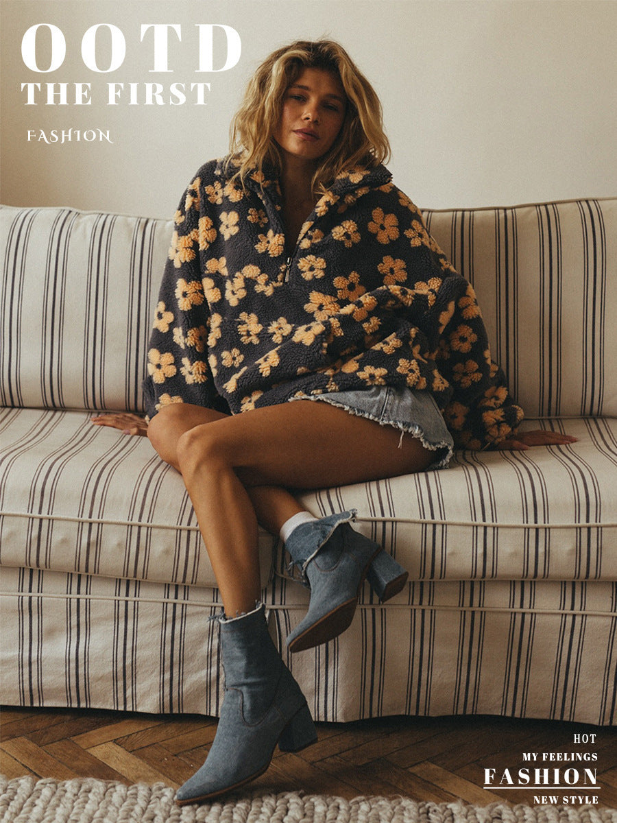 Aurore Floral Sherpa Half-Zip Pullover
