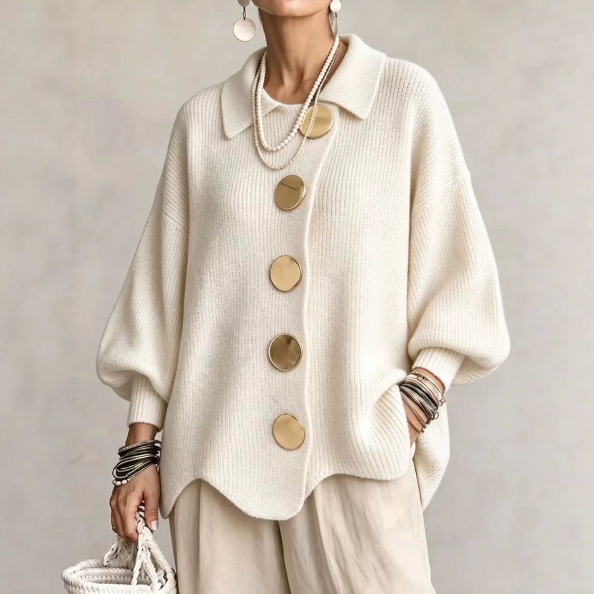 Women's Oversized Ribbed Cardigan, Collared Neck, Button Front