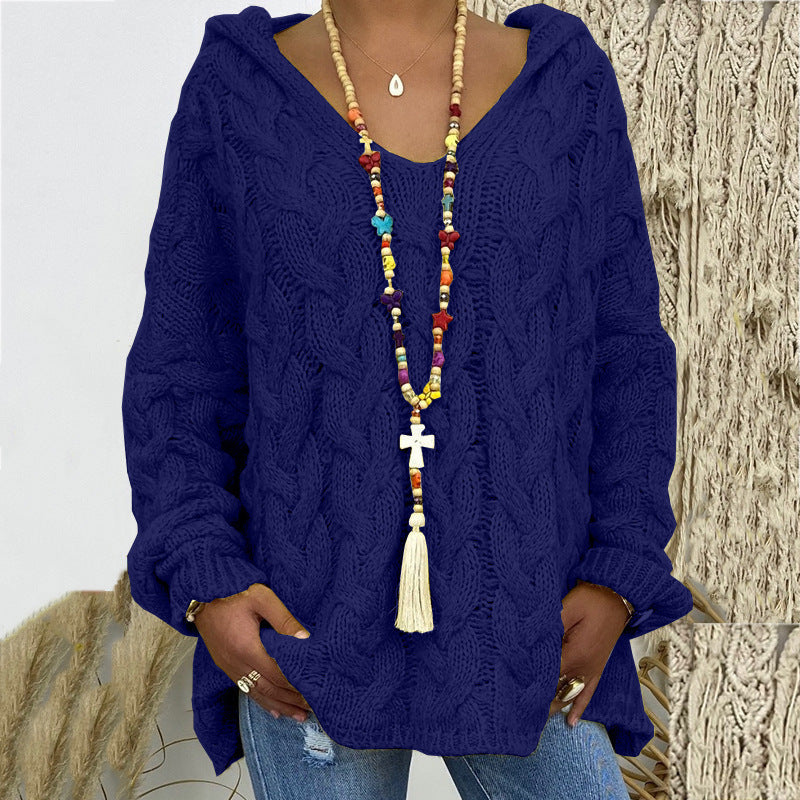Women's Oversized Cable Knit Hooded Sweater V-Neck