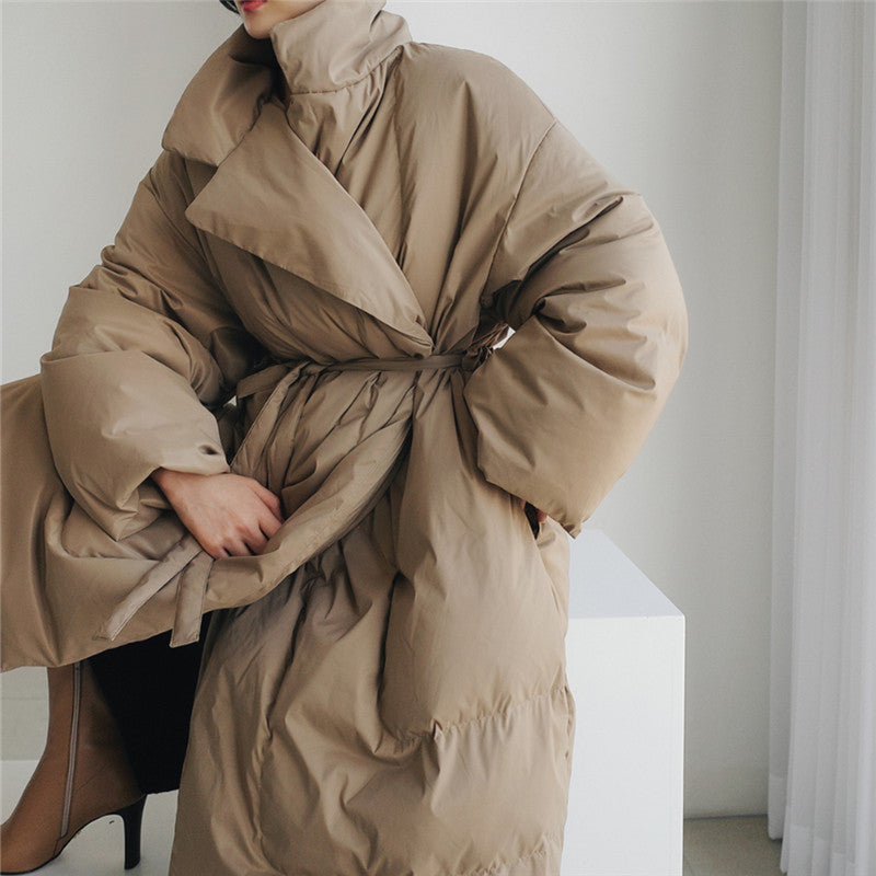 Women's Puffer Jacket with Longline Cut and Oversized Fit | Windproof Shell, Waist Belt, Thermal Lining | For Winter | Size S-XL