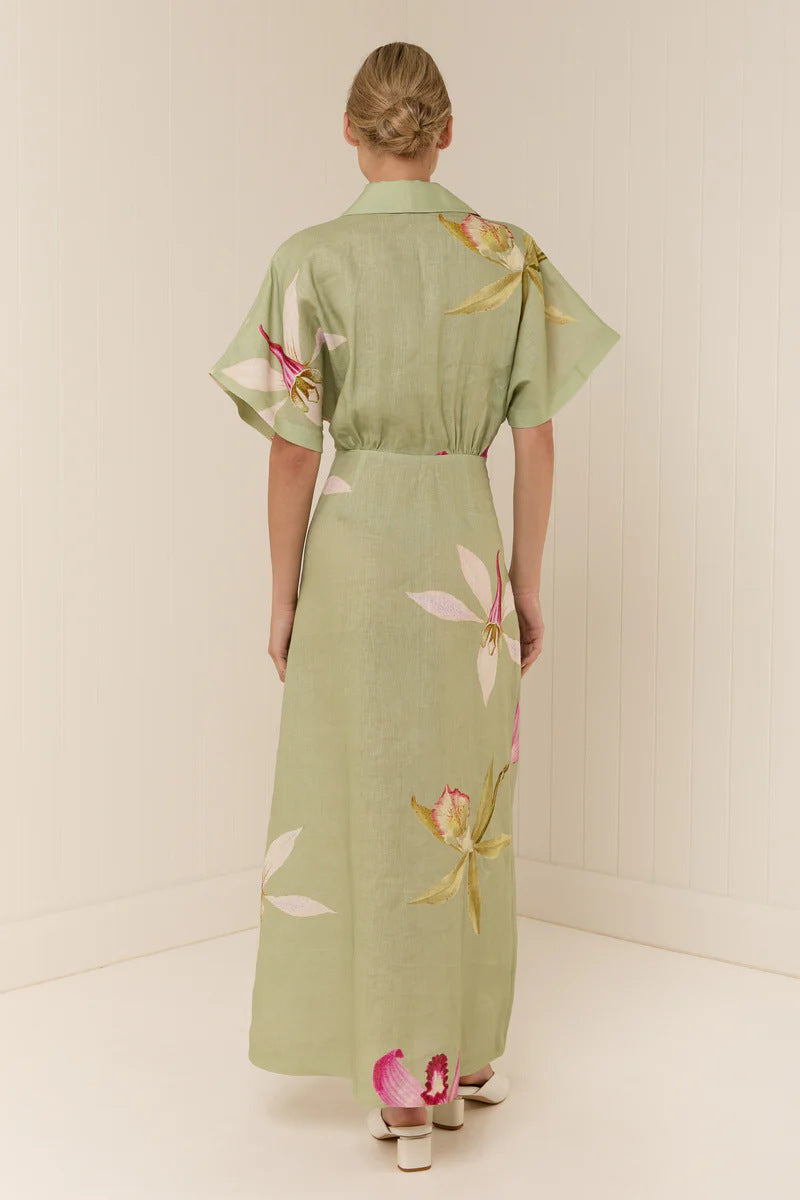 Aurelie Linen Floral Collared Maxi Dress