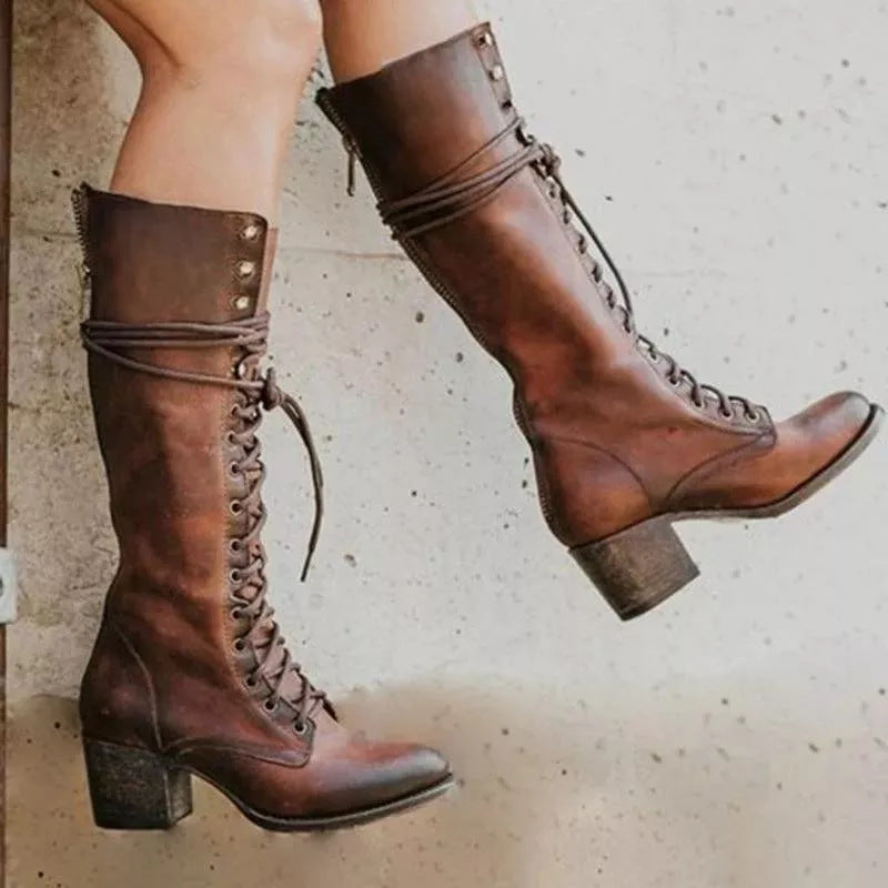Women's Knee-High Lace-Up Boots, Block Heel, Side Zip