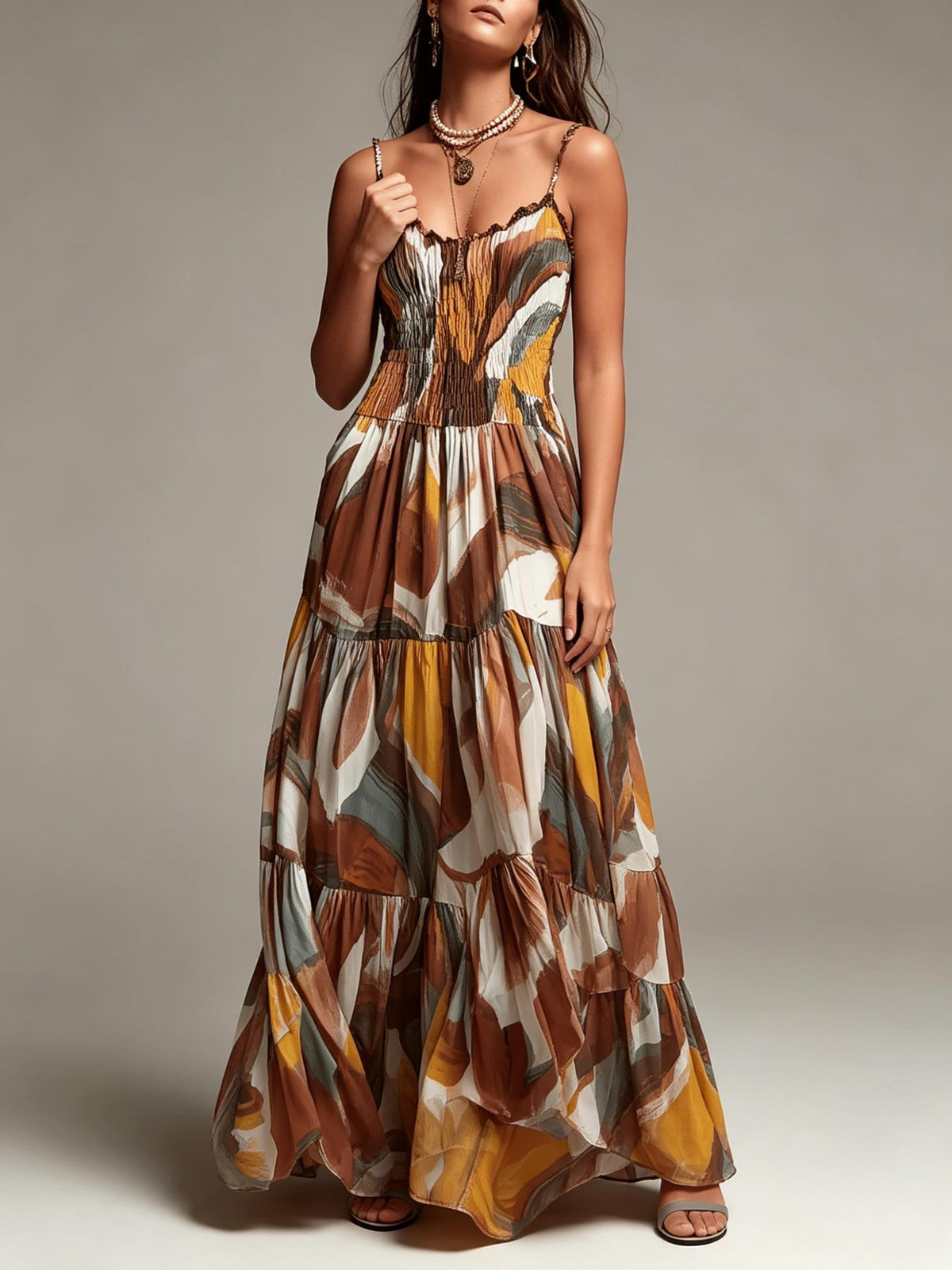 Ruffle Maxi Dress | Abstract Pattern & Shirred Bust