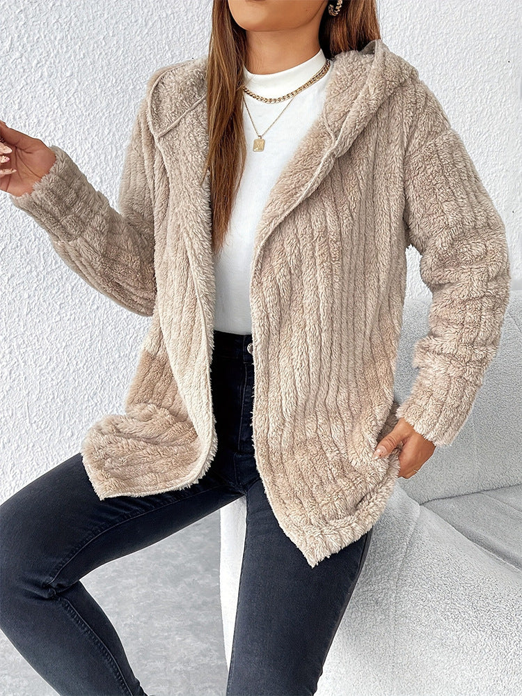 Marzia Hooded Ribbed Plush Fleece Jacket