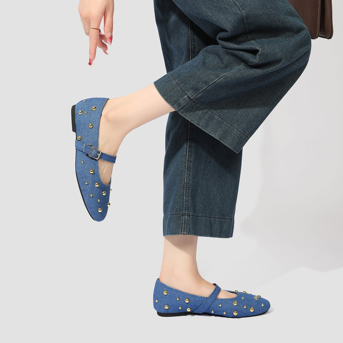 Flavia Studded Denim Mary Jane Flats