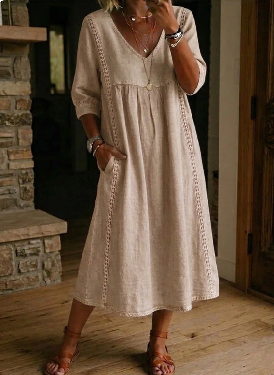 Women's V-Neck Pocket Midi Dress – Three-Quarter Sleeve Day Dress