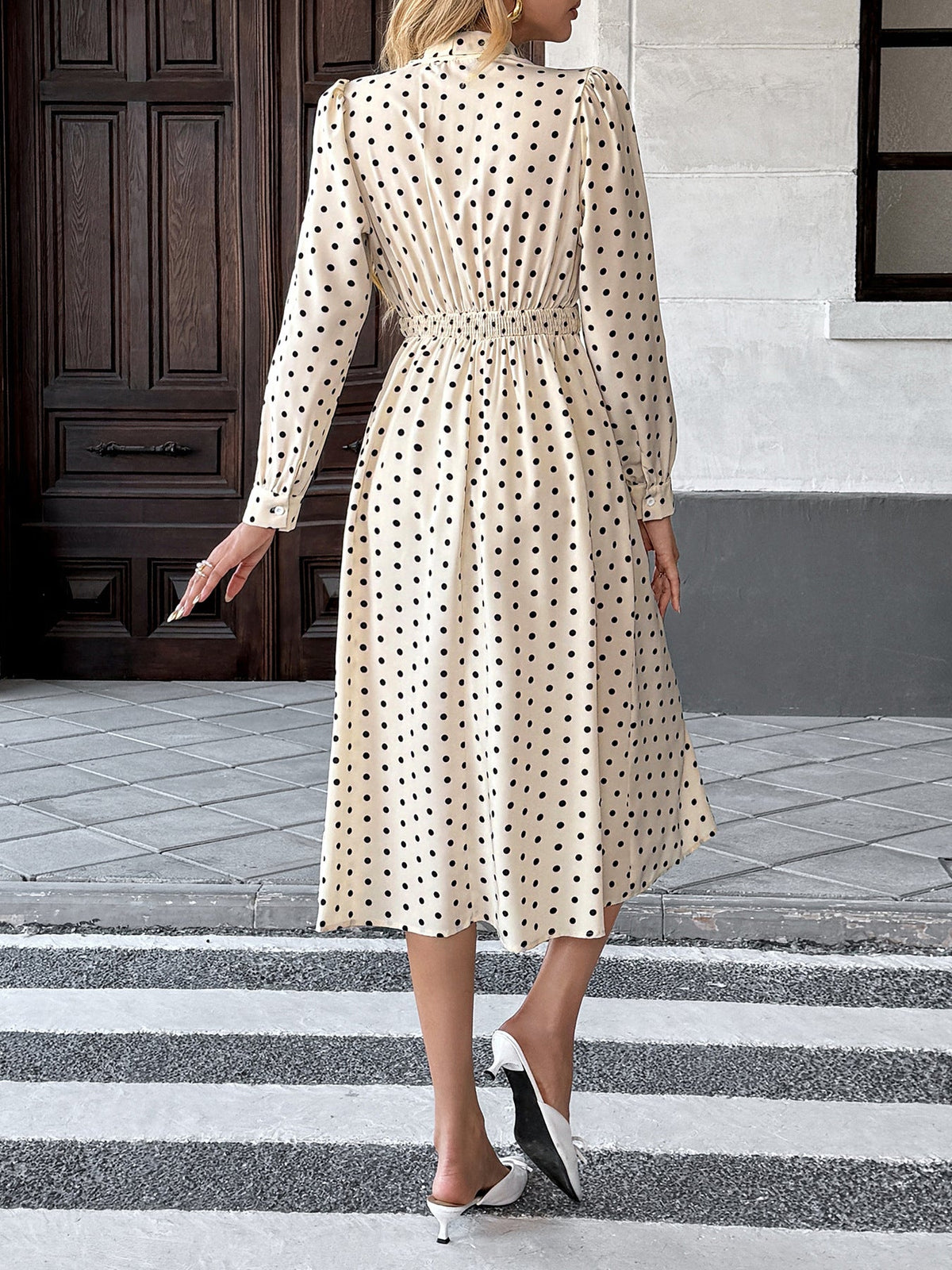 Vanja Polka Dot Tie Neck Pleated Midi Dress