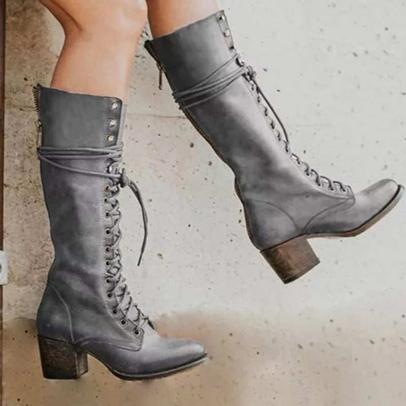 Women's Knee-High Lace-Up Boots, Block Heel, Side Zip