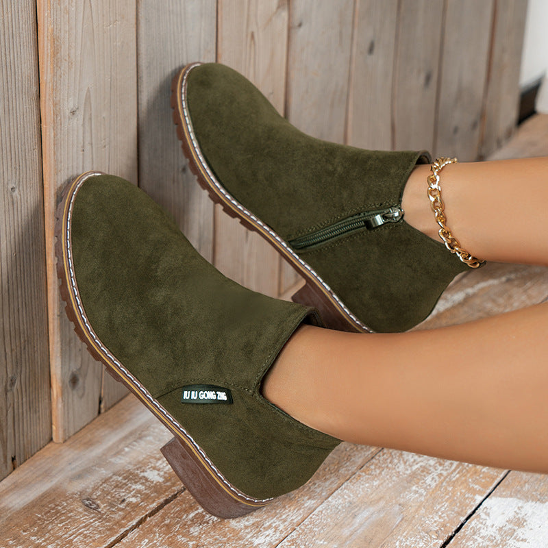 Women's Faux Suede Ankle Boots with a Slim Pointed Toe | Side Zip Entry, Low Block Heel, Ridged Sole | Sizes 5.5-10, 4 Colors