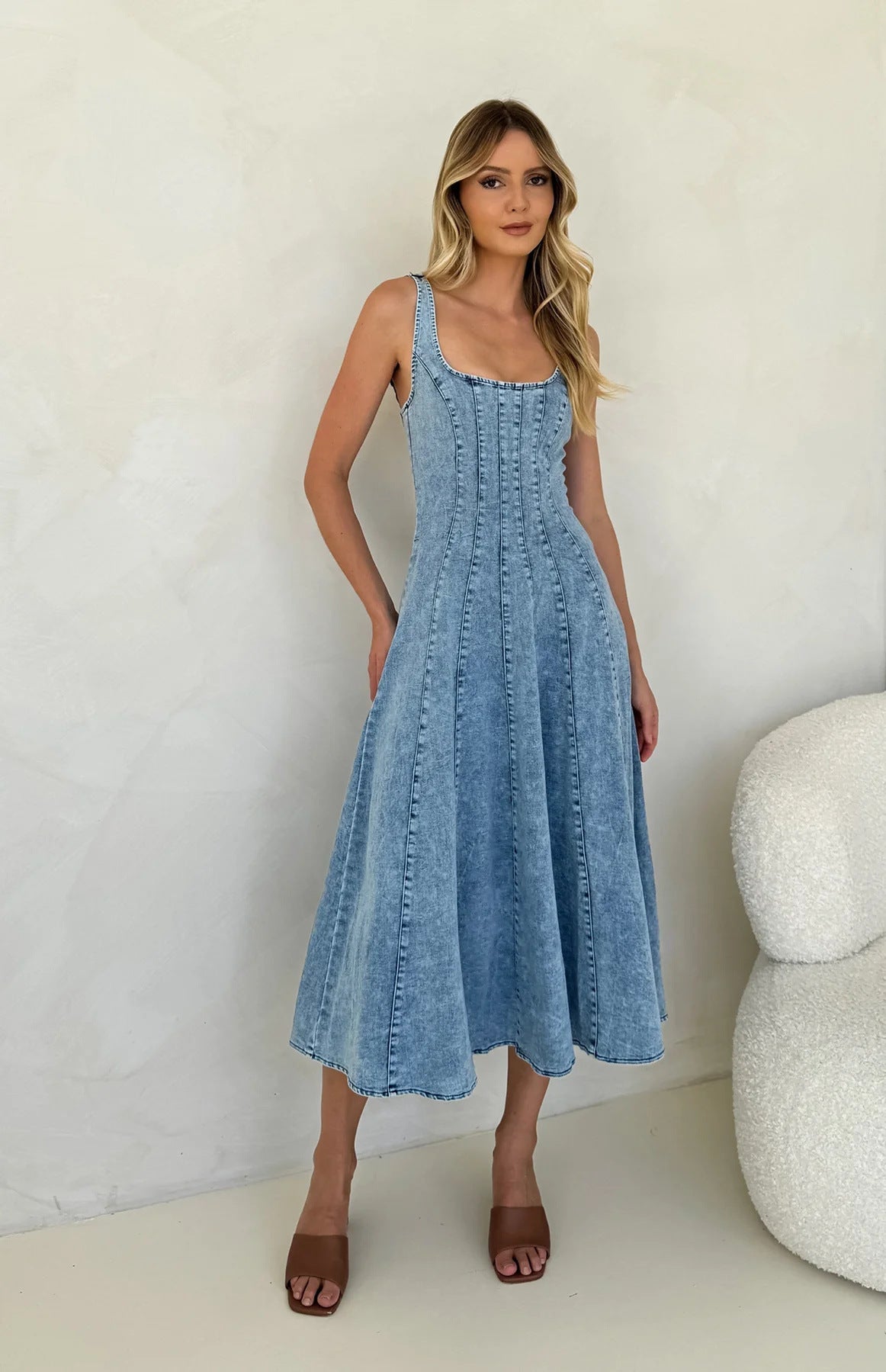 Portia Square Neck Denim Maxi Dress