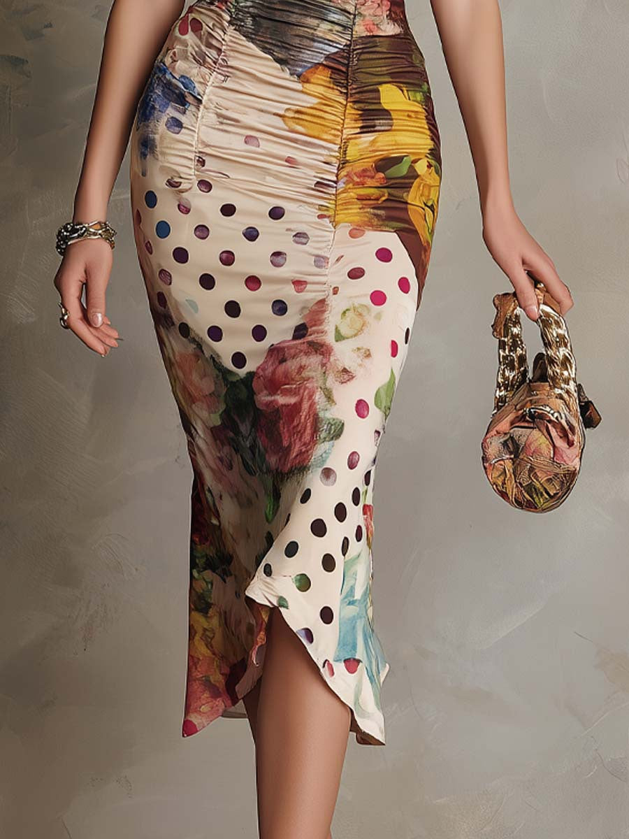 Midi Lace Dress | Ruched Bodycon Dress with Mixed Pattern