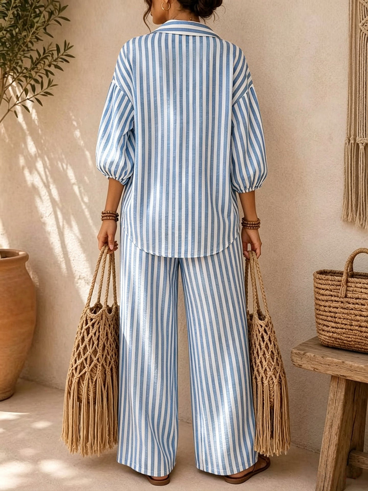 Etta Cotton Linen Striped Two Piece Pants Set