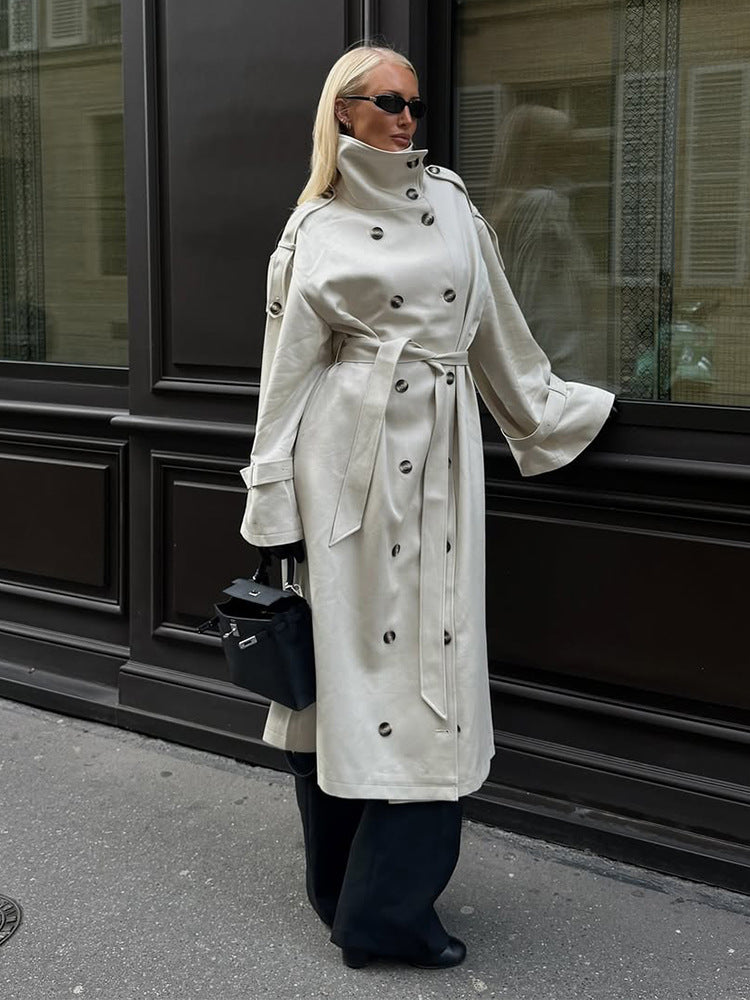 Women's Belted Trench Coat with High Collar