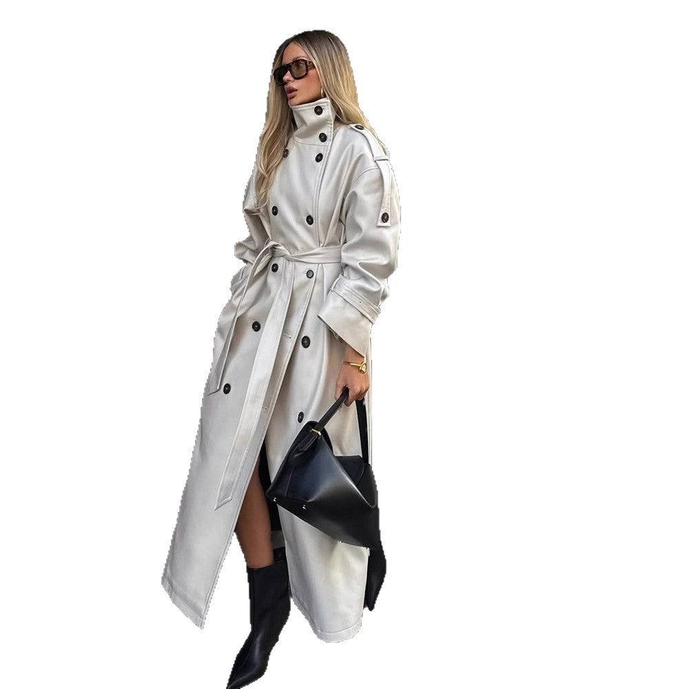 Women's Belted Trench Coat with High Collar