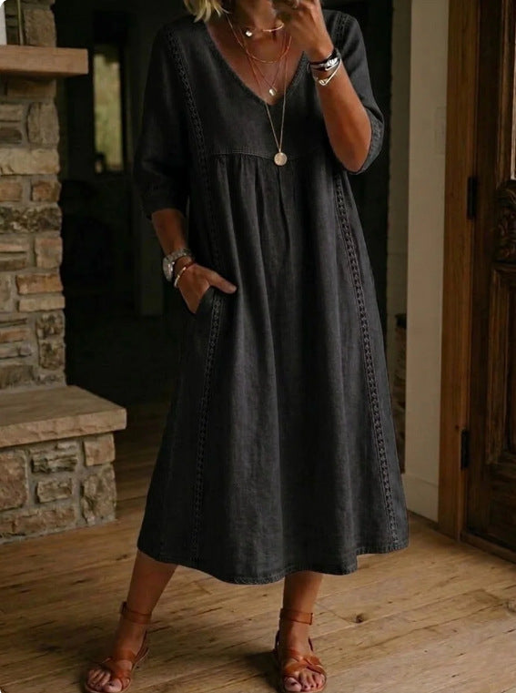Women's V-Neck Pocket Midi Dress – Three-Quarter Sleeve Day Dress