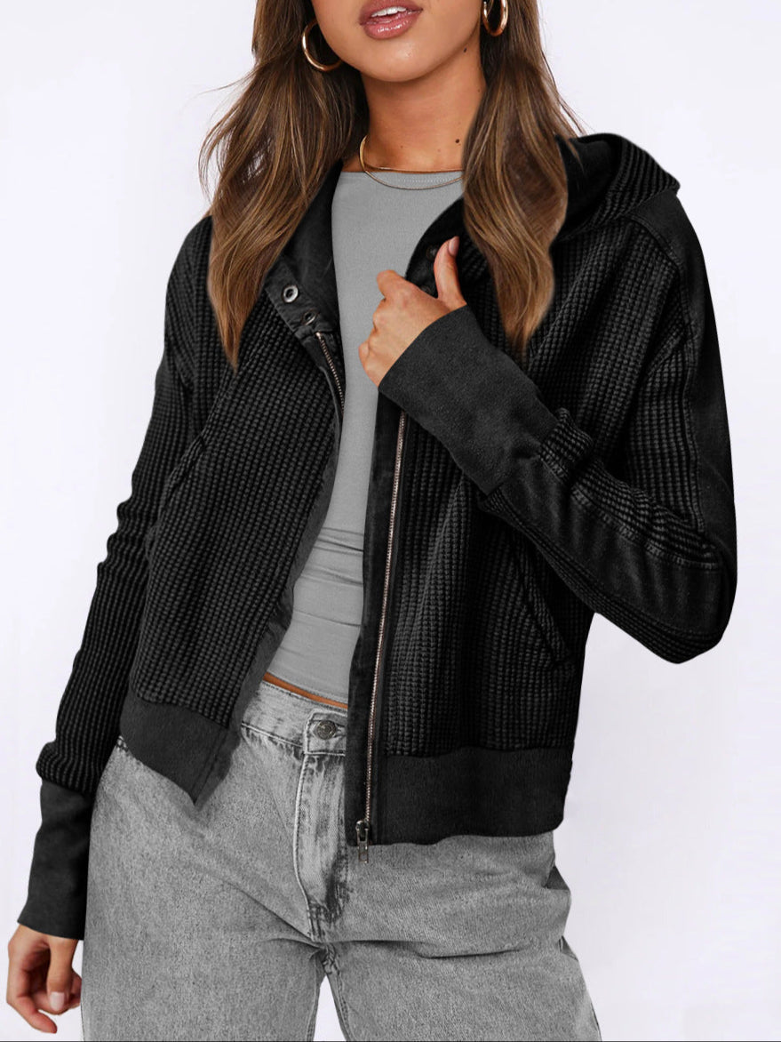 Christina | Womens Cropped Zip Hoodie in Waffle Cotton | Snug Hood, Textured Fabric | Pine, Blue and More S-XL