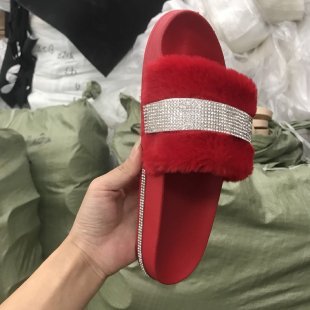 Women's Fur Slippers with a Rhinestone Trim | Fluffy Upper on a Non Slip Rubber Sole | Sizes 5.5 to 11, 8 Colors