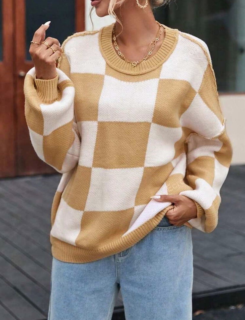 Aemilia Checkerboard Oversized Crew Sweater