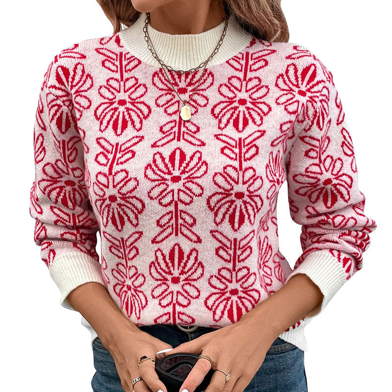 Women's Floral Knit Pullover with Mock Neck