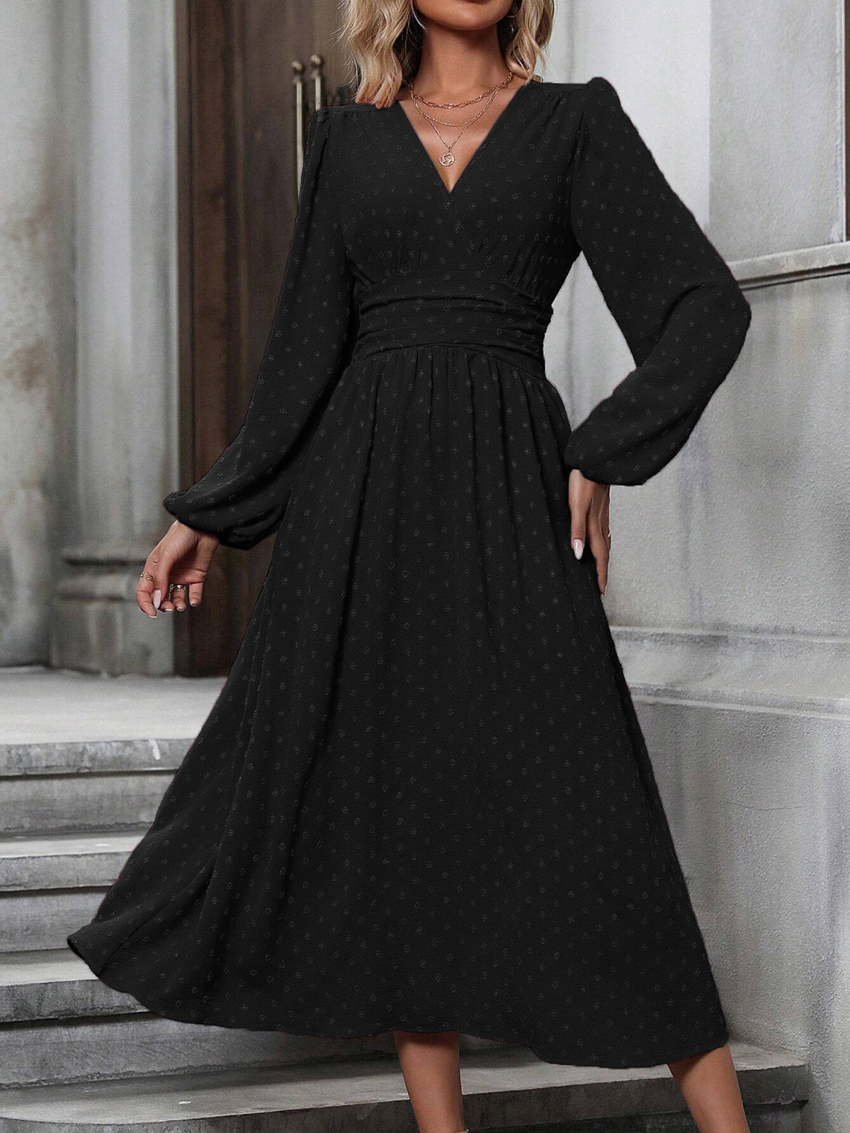 Fedora Swiss Dot Lantern Sleeve Midi Dress